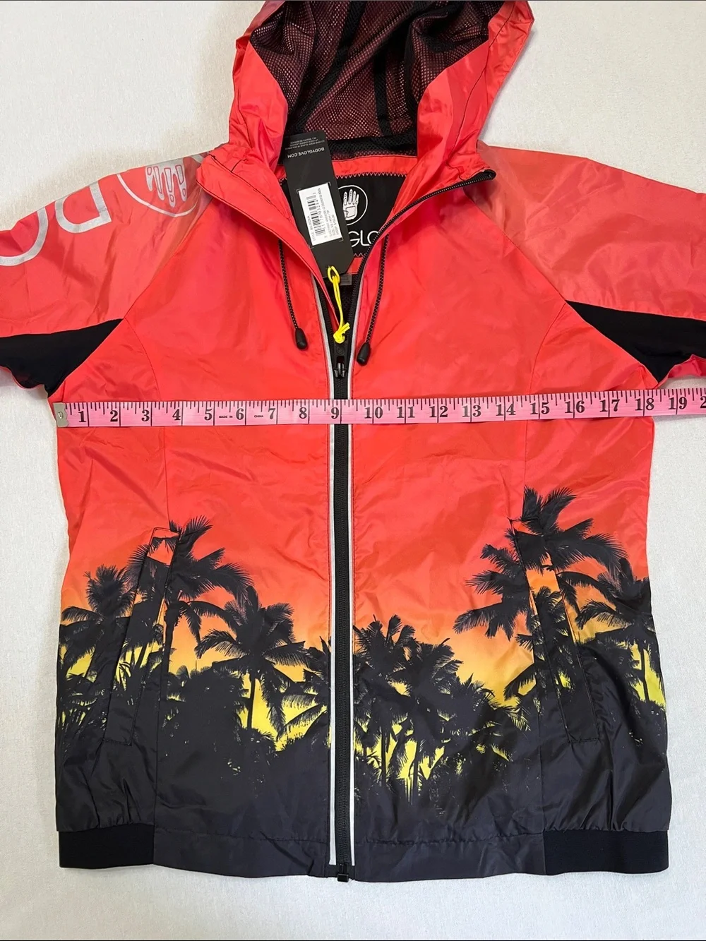 NEW Body Glove Vibrant Sunset Palm Tree Print Hooded Windbreaker Light Jacket XS